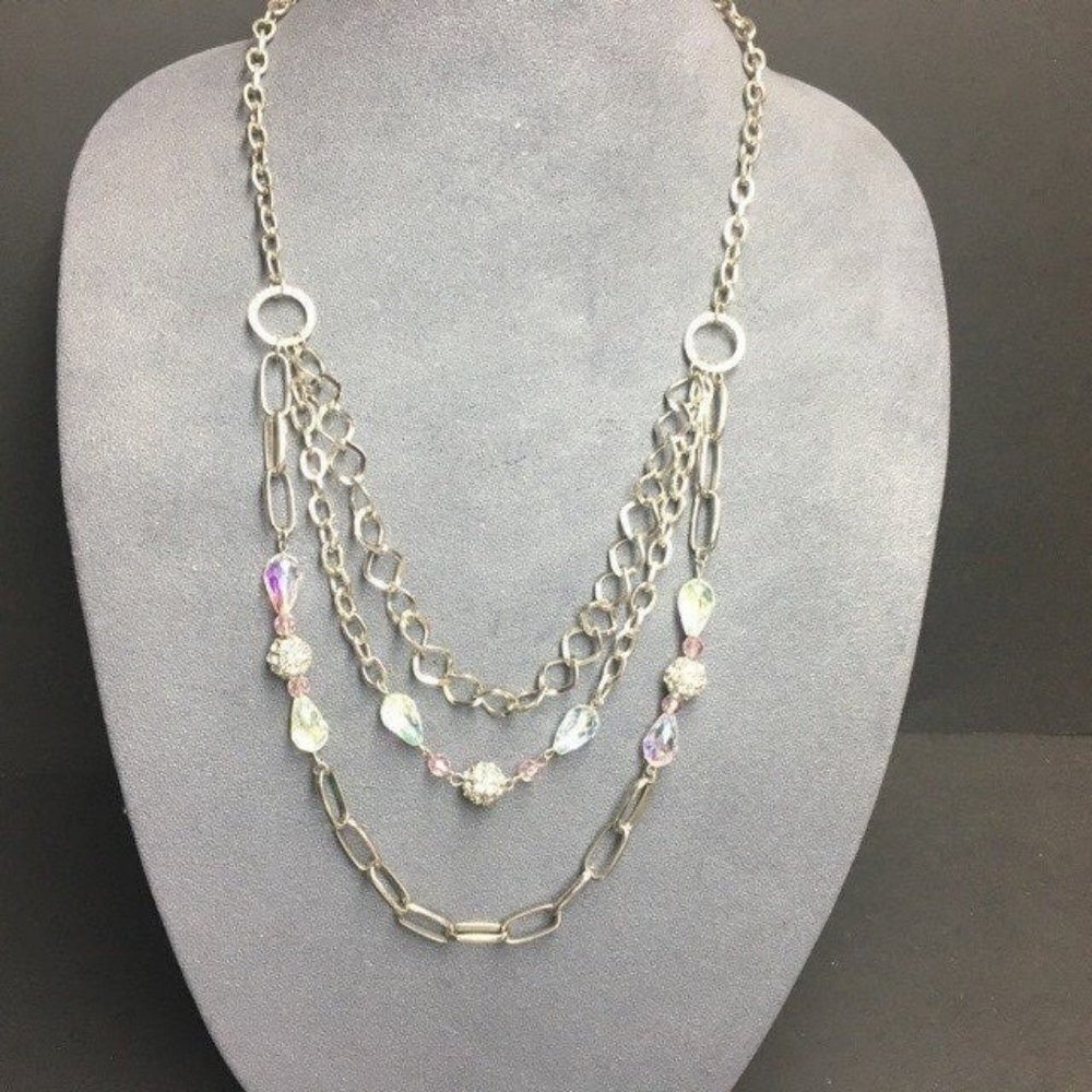 Rhinestone Necklace Triple Strand Silver Iridescent Faceted Transluscent